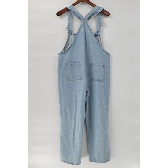 Polagram Overalls Button Up Denim Jumpsuit Womens L Blue Light Wash Ruffle Strap - Picture 3 of 16